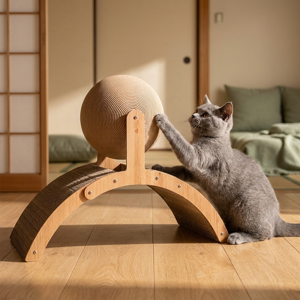 アーチ型爪とぎの上の段ボールの球に前脚をかけるグレーの猫