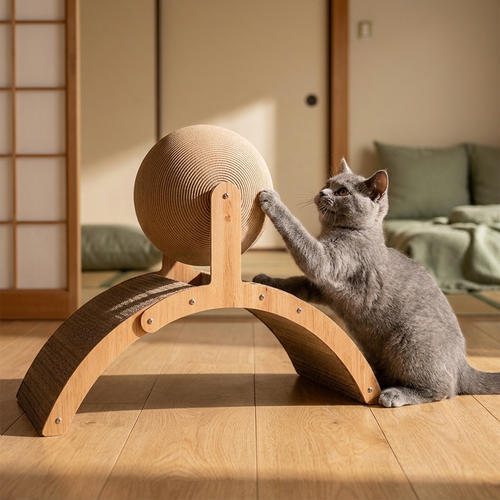 アーチ型爪とぎの上の段ボールの球に前脚をかけるグレーの猫