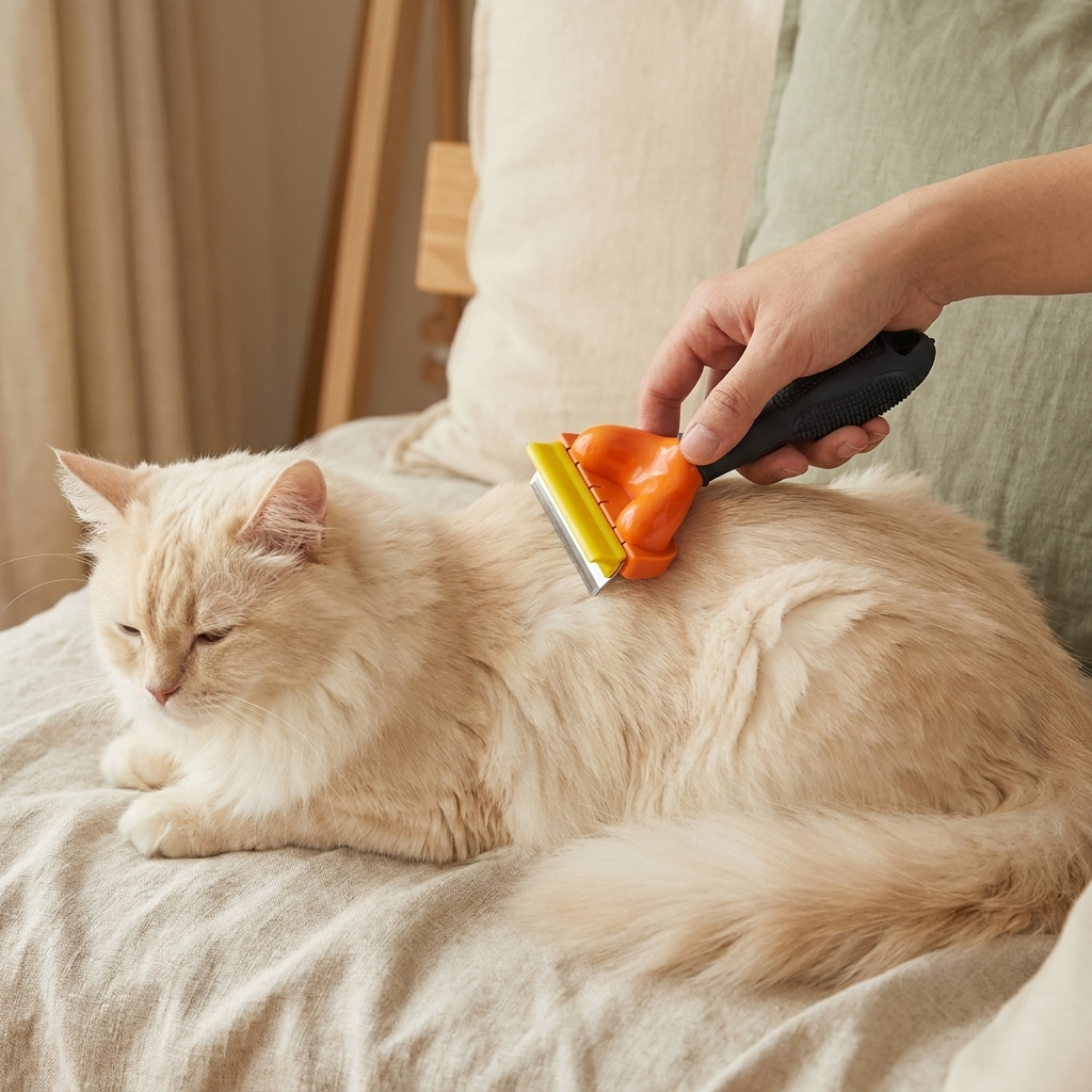 リラックスした長毛の猫の背中をブラシでとかす手