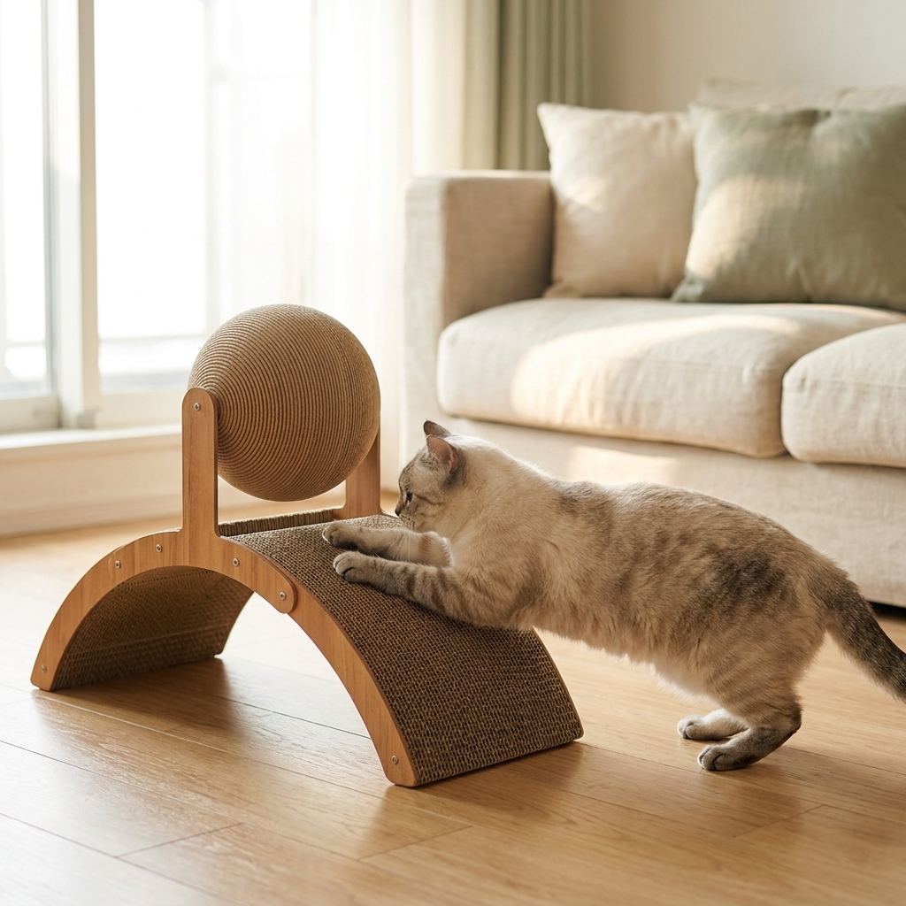 アーチ型の斜面に前脚を伸ばして爪をとぐ猫
