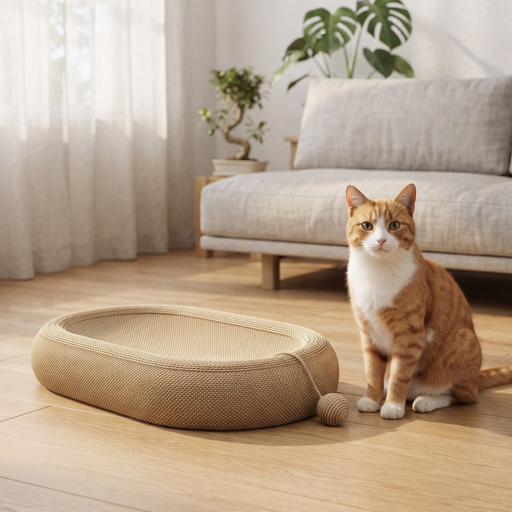 明るいリビングで、楕円の麻編み爪とぎベッドの横に座る茶白の猫