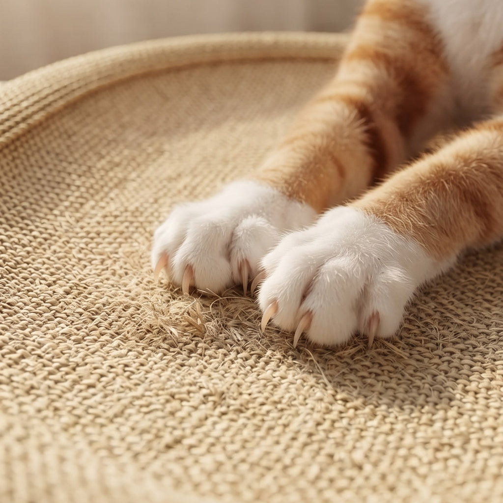 麻編み爪とぎベッドの平らな編み面で爪をとぐ猫の前足