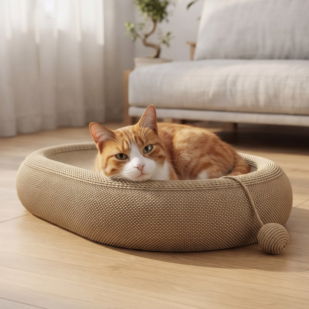 麻編み爪とぎベッドの中で、ふちに顎をのせてくつろぐ茶白の猫