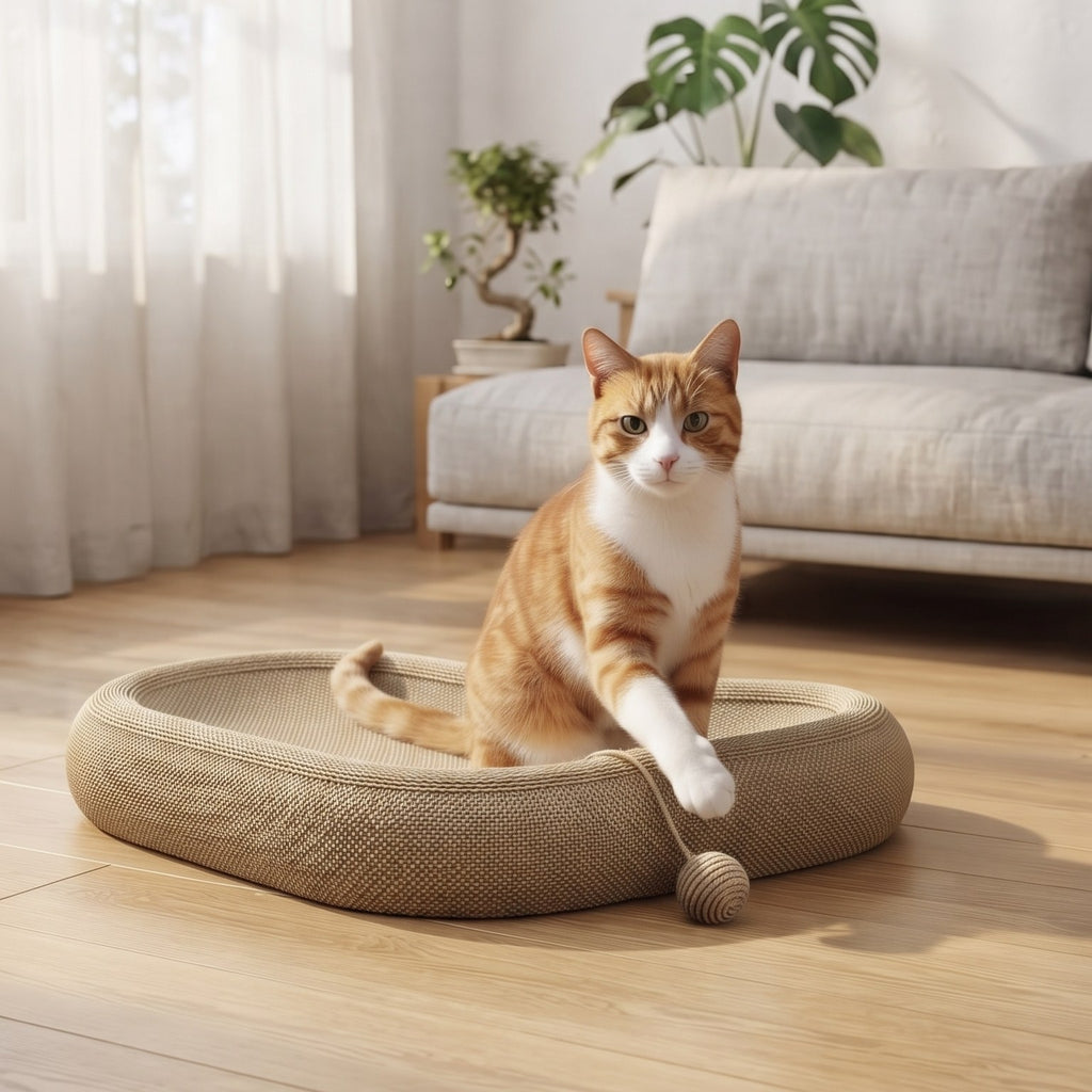 麻編み爪とぎベッドに座り、ふちから下がるボールに前足をのばす猫