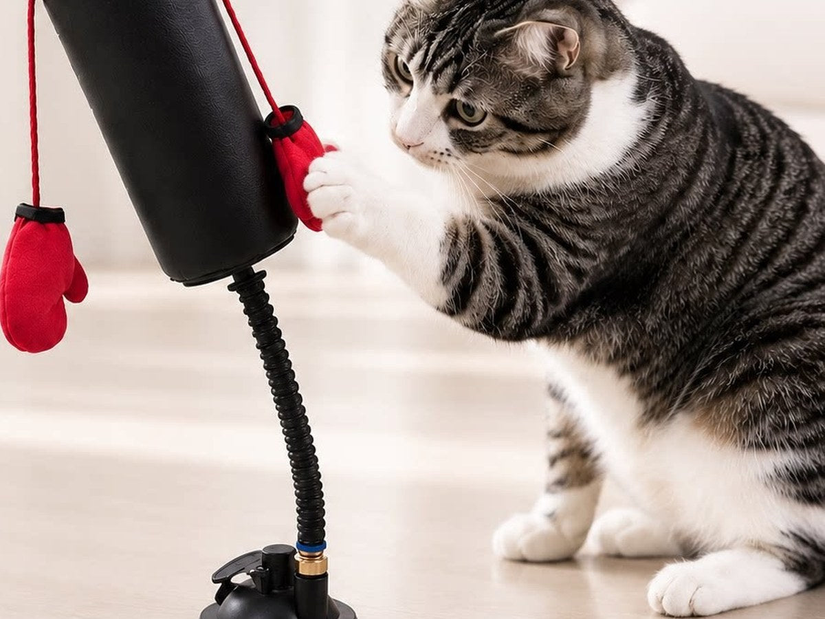 グローブをたたく猫