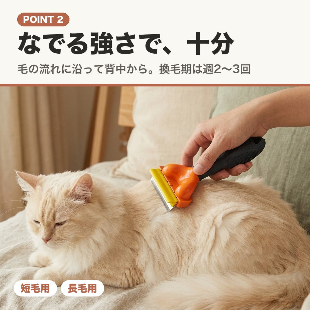 POINT 2 なでる強さで十分。猫の背中をとかす手